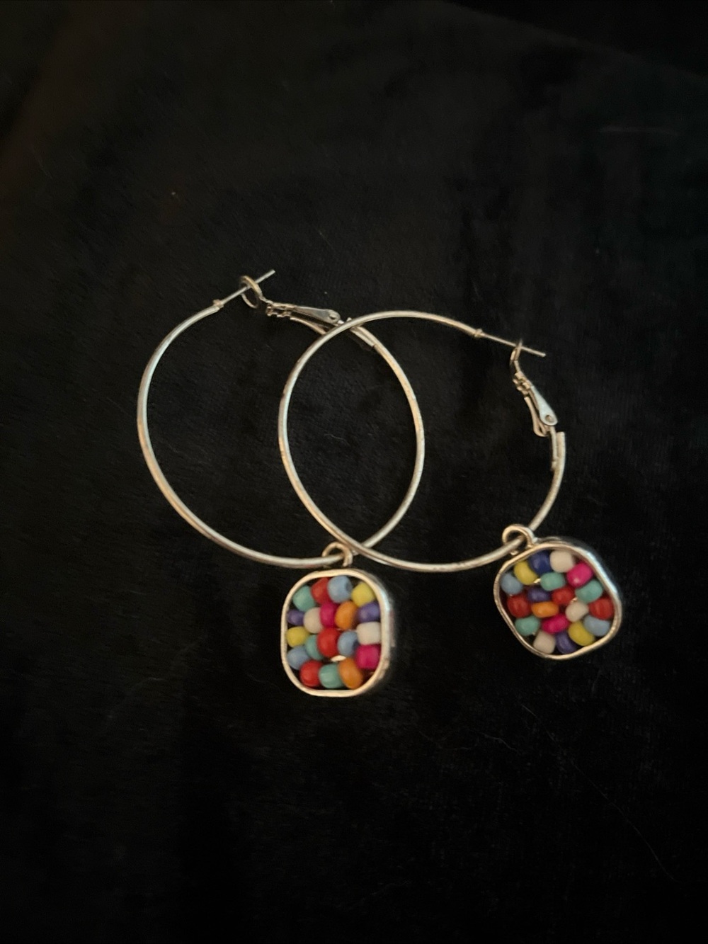 Silver Hoop Earrings with Multicolor Bead Charms